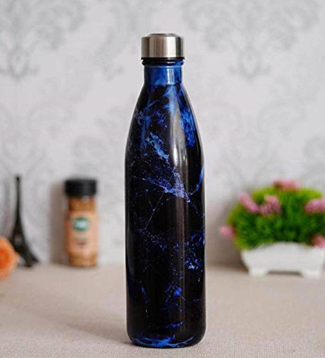 Deep 1 Ltr Blue & Black Glass Bottle,Share By Femora