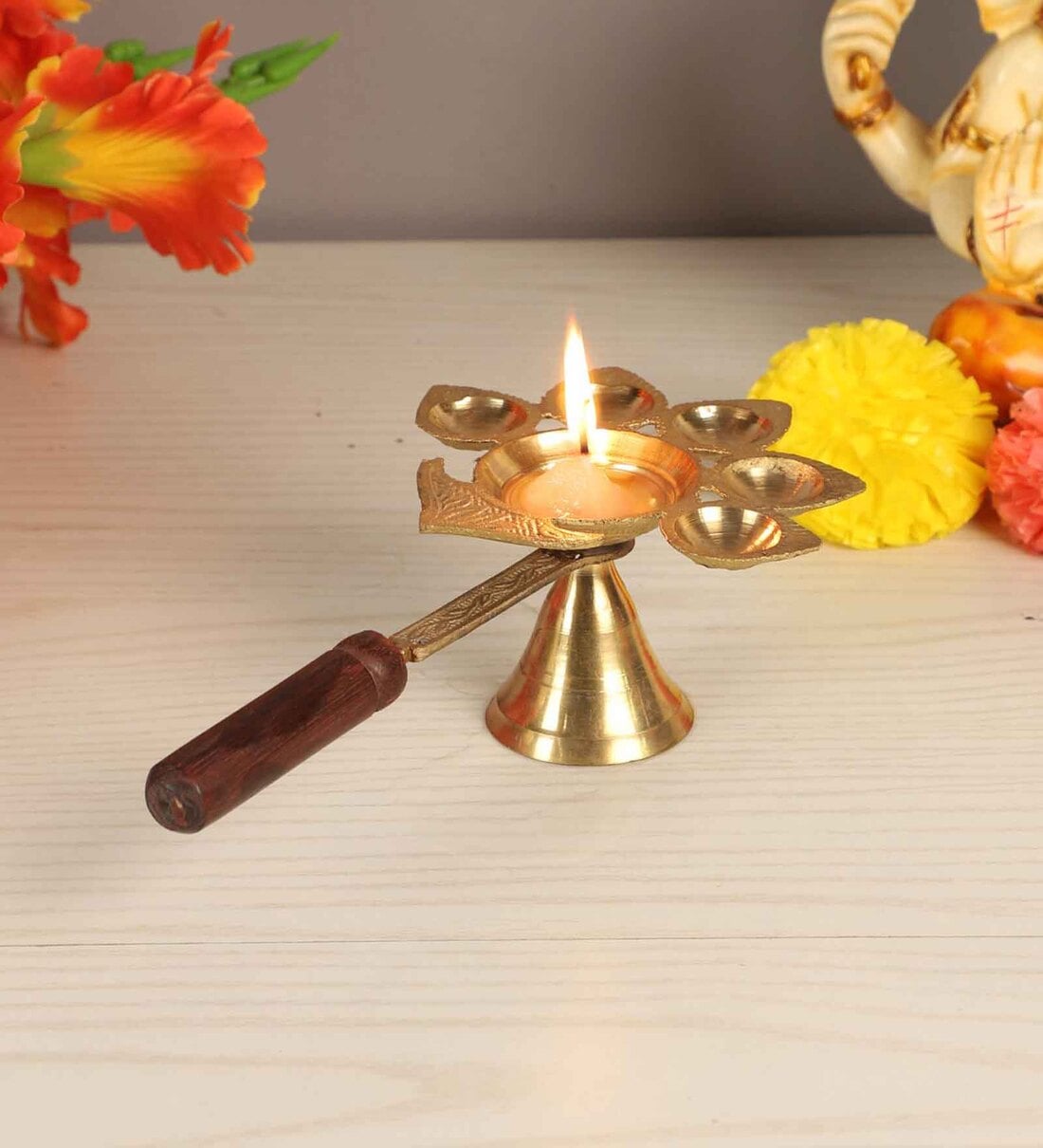 Brass Panch Aarti With Wooden Handle,Share By Amaya Decors