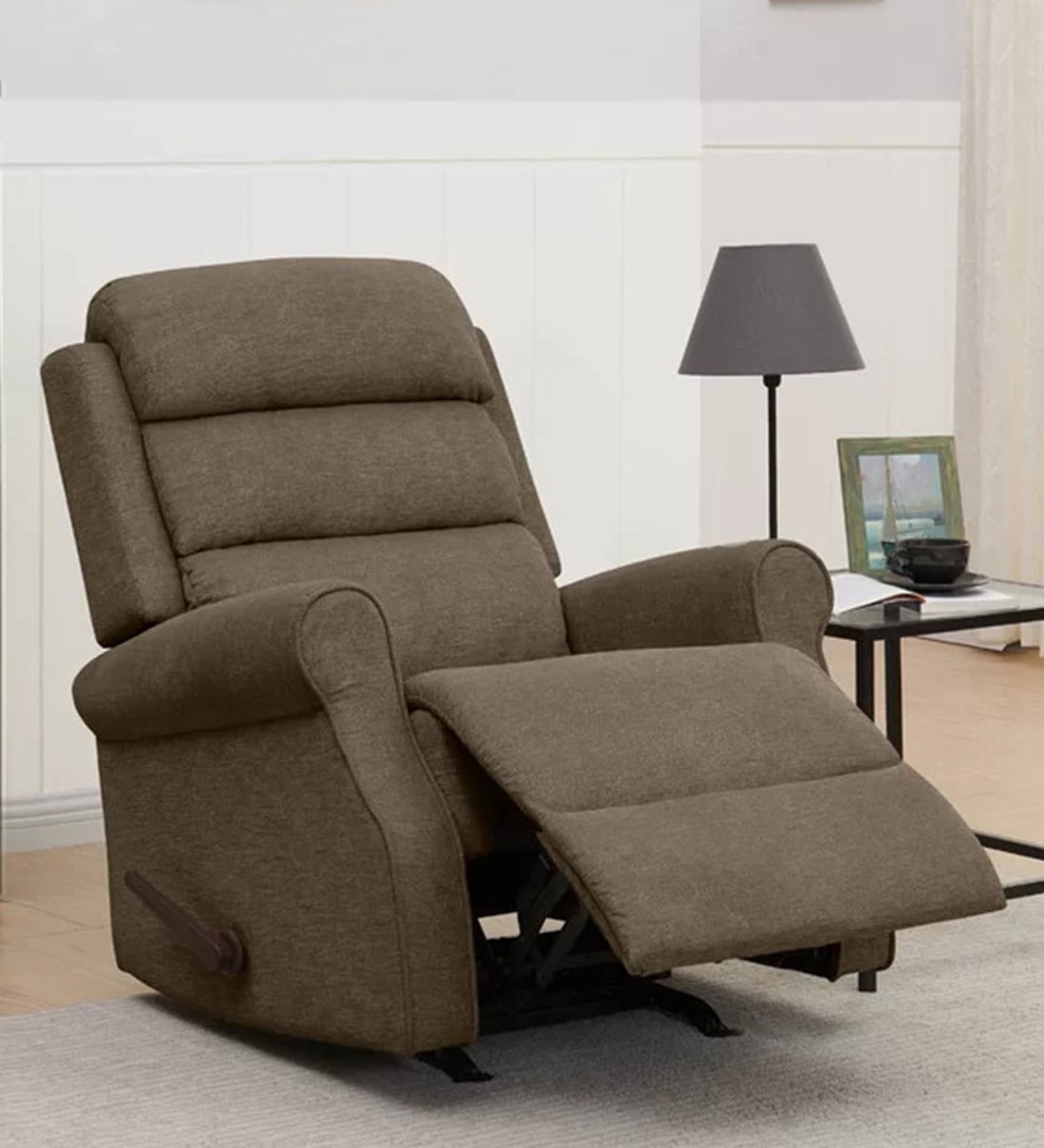 Mersin Fabric Manual Rocker Recliner 1 Seater In Brown Colour,Share By Bantia Furniture