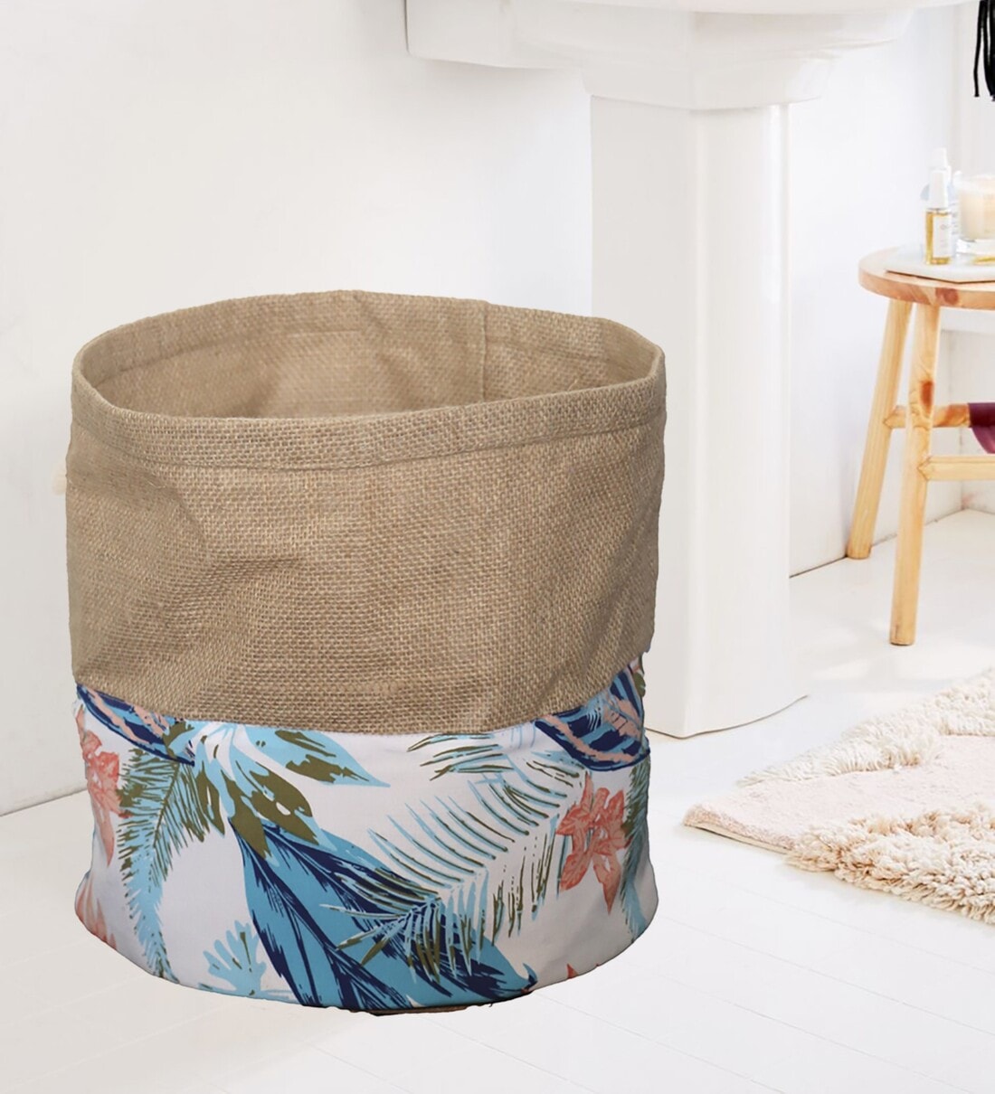 Beige Jute Floral Foldable 40 Ltr Laundry Basket,Share By My gift booth