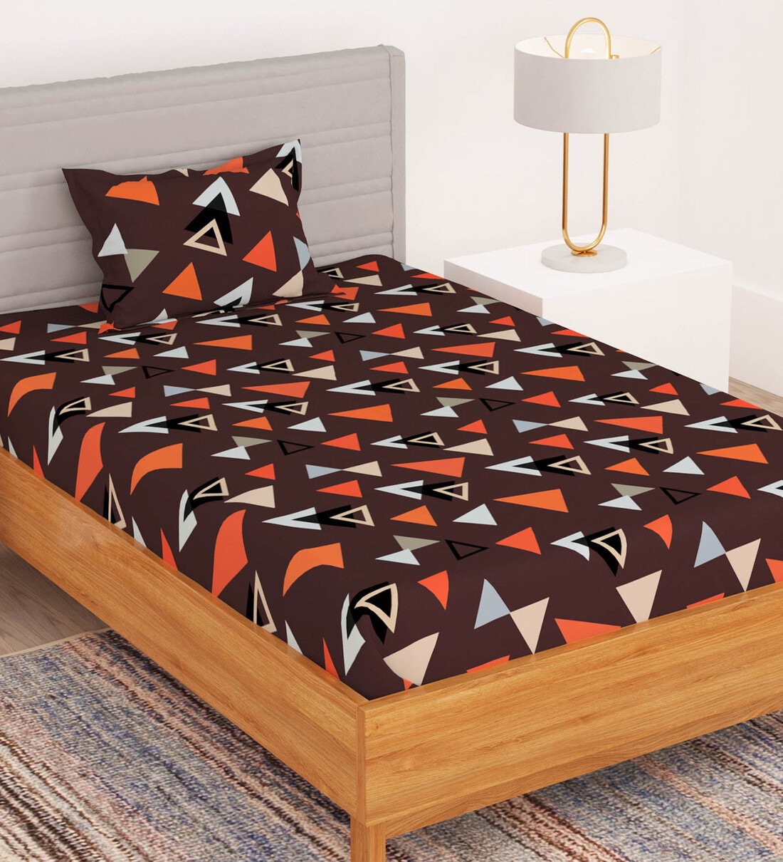 Brown Geometric 180 TC Microfiber 1 Single Bedsheet with 1 Pillow Cover,Share By Bedspun