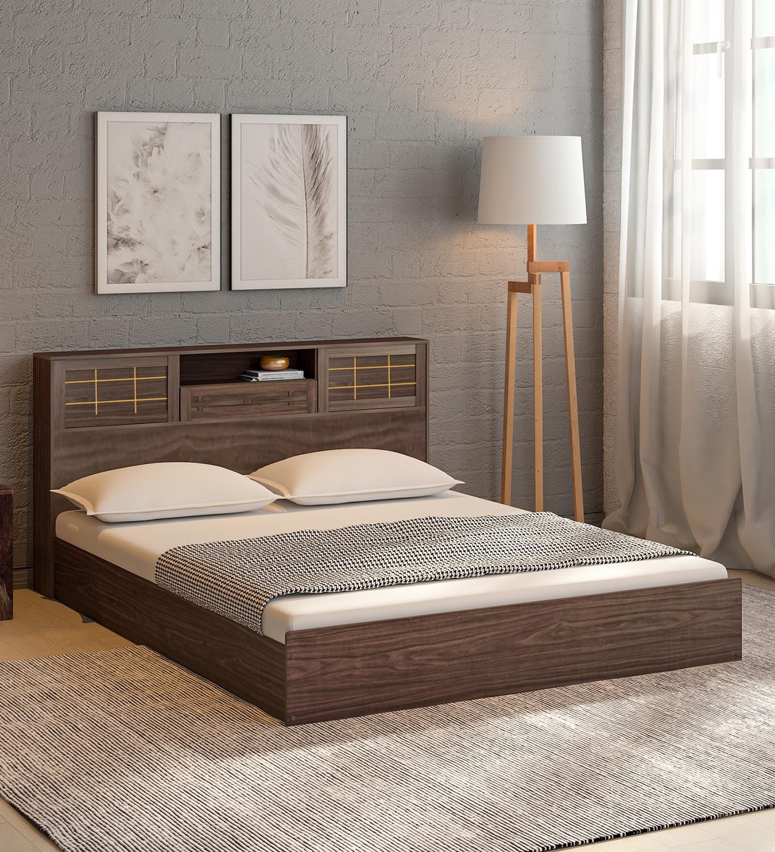 Hideki Goldline King Size Bed in Walnut Finish with Box Storage,Share By Mintwud from Pepperfry