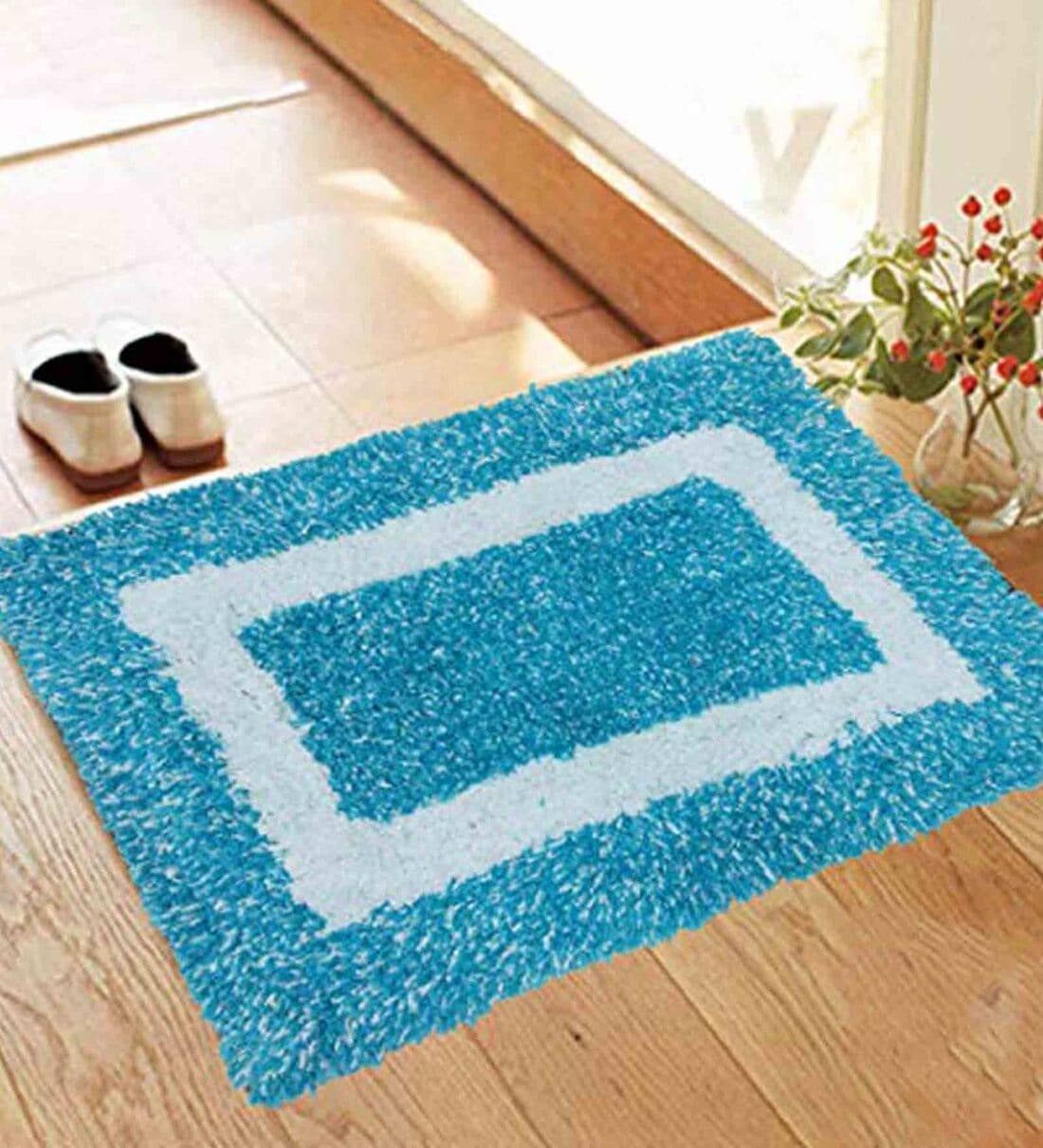 Blue Geometric Cotton 15 x 23 Inches Water Absorbent Door Mat,Share By Status