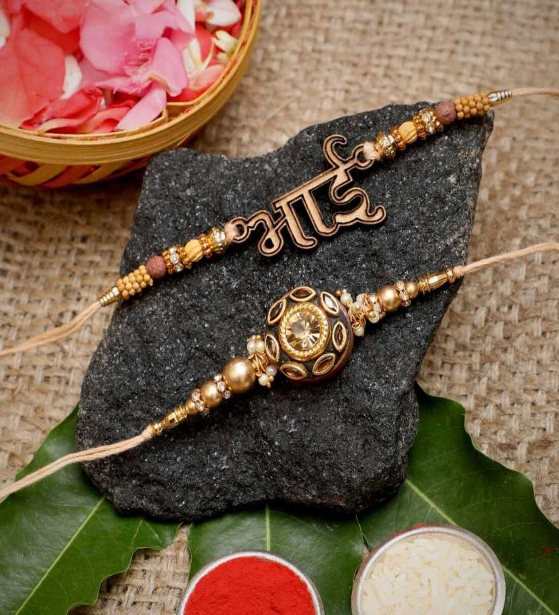 Set of 2 Golden "Bhai" Word and Pearls Designer Rakhis with Roli Chawal Pack,Share By eCraftIndia