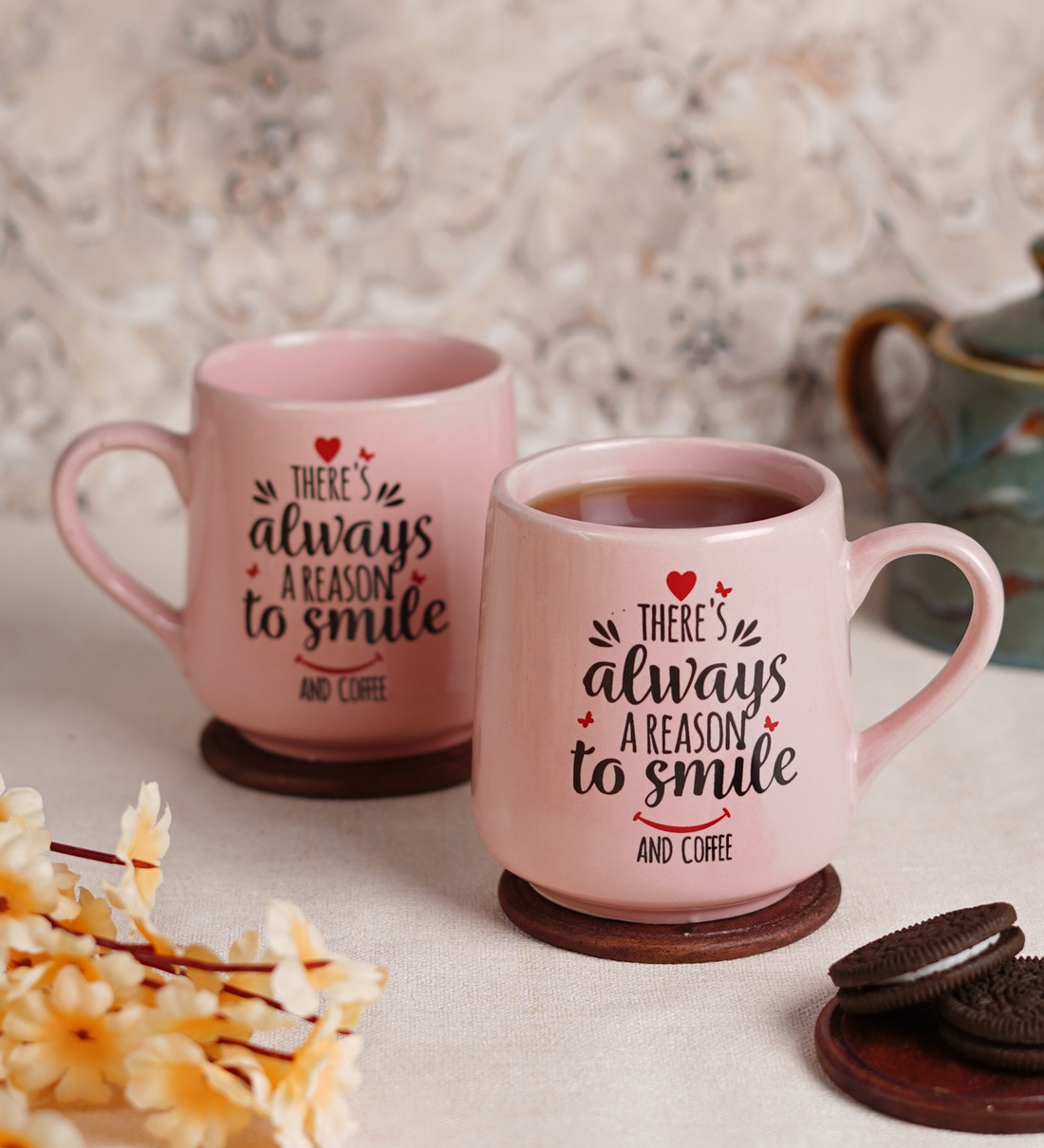 Pink Quotes Printed 300 ml Ceramic (Set of 2) Coffee Mug,Share By Cdi