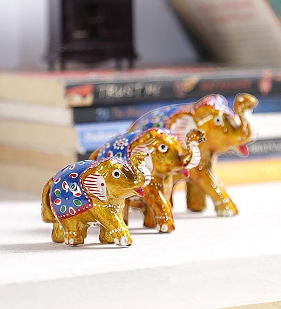 Multicolour Solid Wood Elephant Set of 3 Figurine,Share By Art of Jodhpur