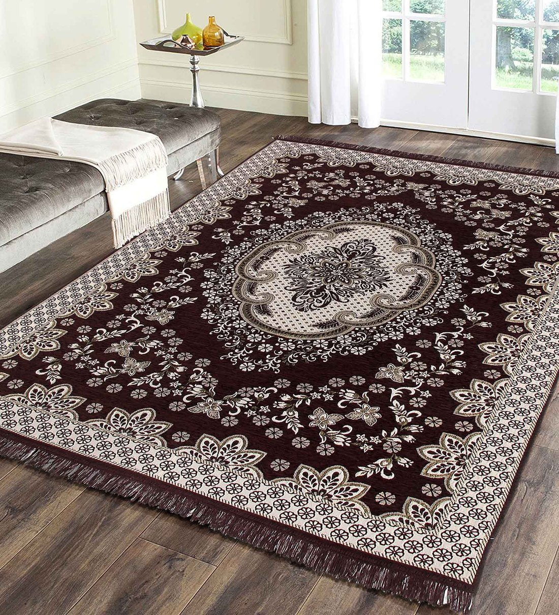 Brown Floral Chenille 4 ft x 6 ft Machine Made Carpet,Share By Braids