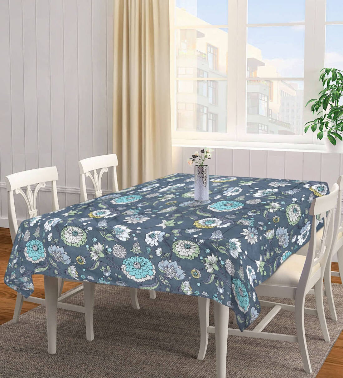 Floral (72x52) Grey Poly Cotton Table Cloth,Share By Fabinaliv