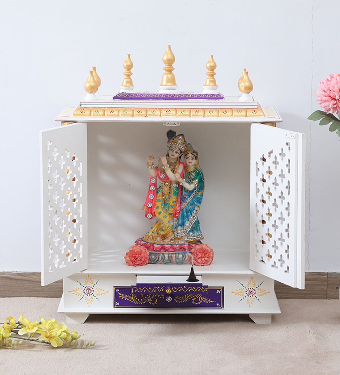 Red And White Mango Wood & MDF Pooja Mandir With Door,Share By Home Decor International