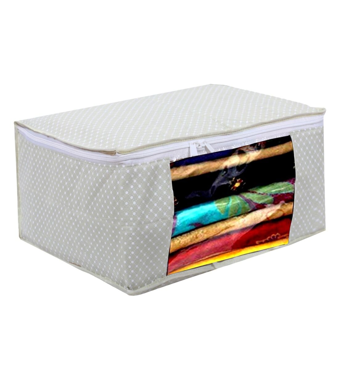 Cream Polka Dot Print Cotton Foldable Underbed Organizer,Share By Kuber Industries