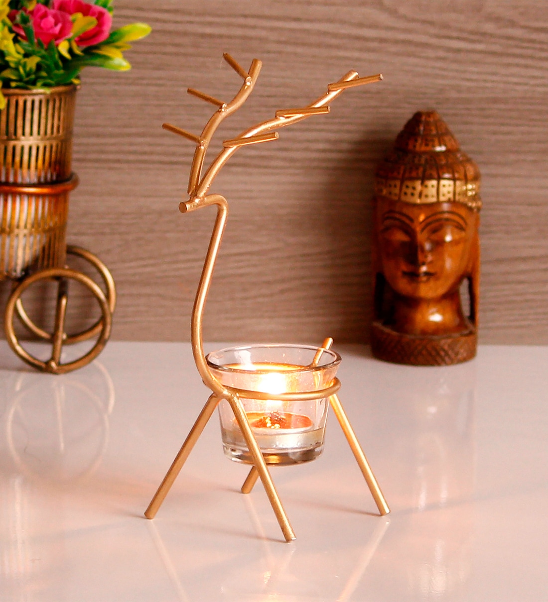 Deer Gold Aluminium Tea Light Holder,Share By eCraftIndia