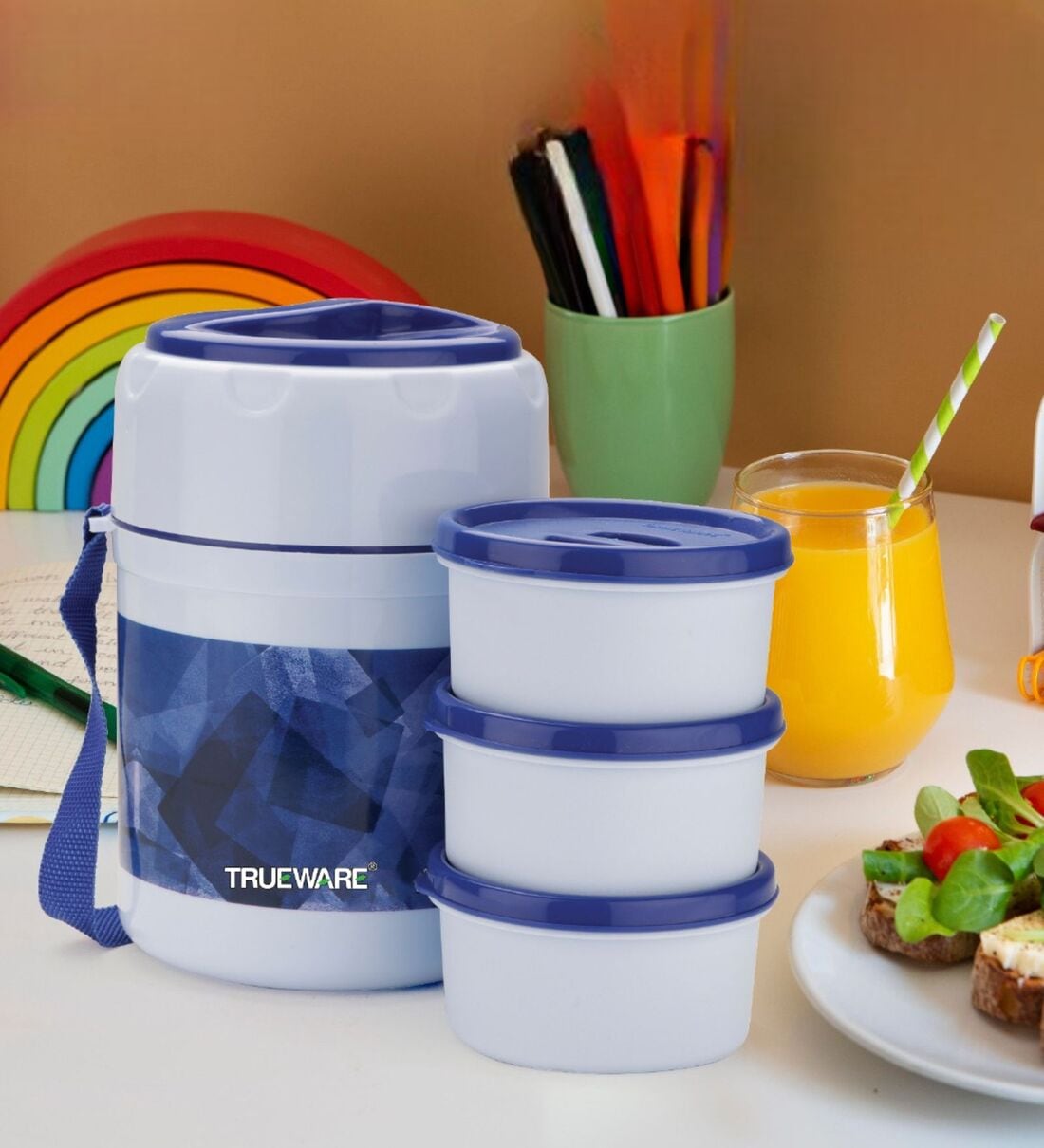 Foody Plus Blue Plastic   Thermoware Lunch Box  ( Set Of  3 Container ),Share By Trueware