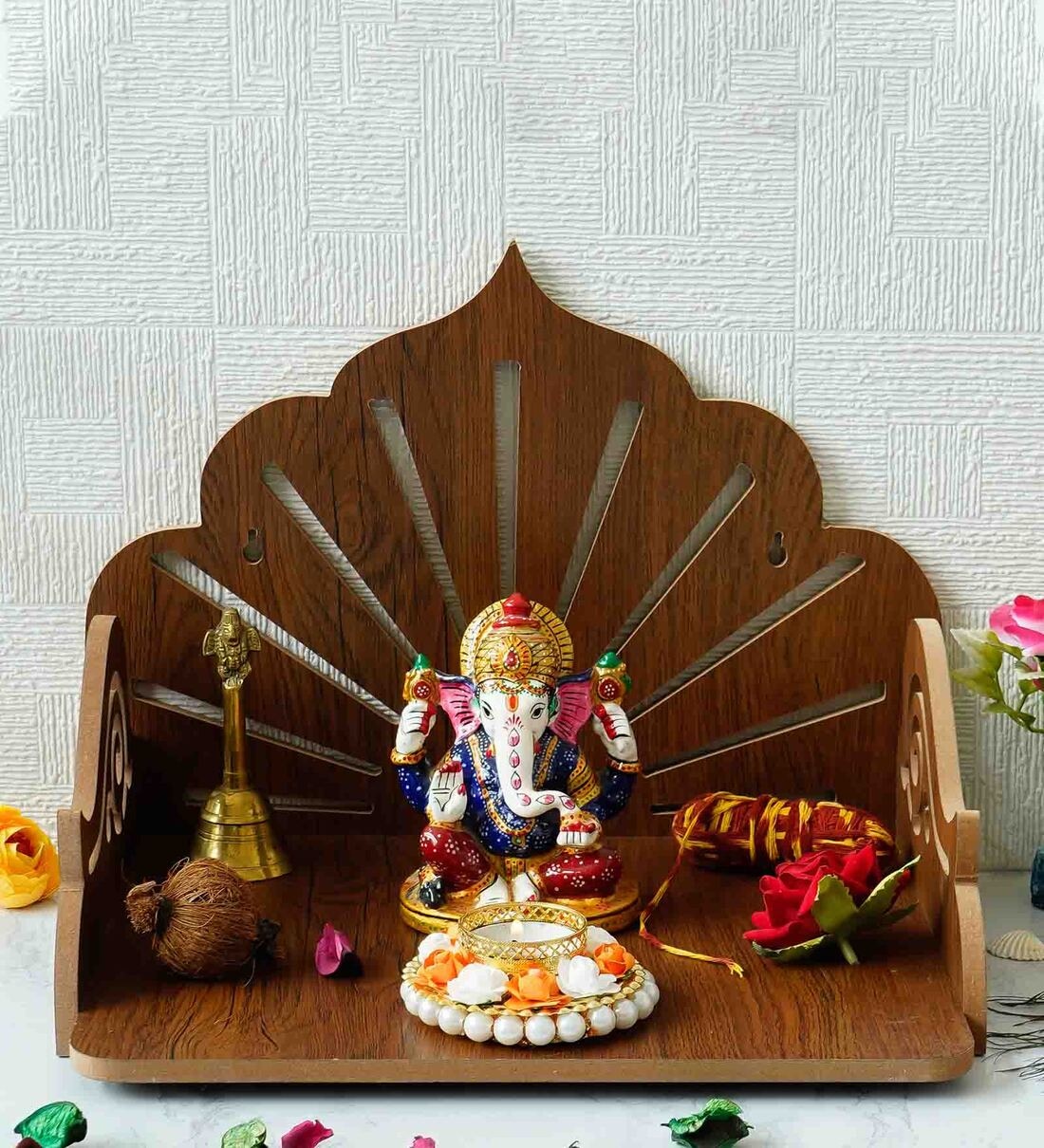 Brown Sunrays Design Laminated Wood Pooja Shelf,Share By eCraftIndia