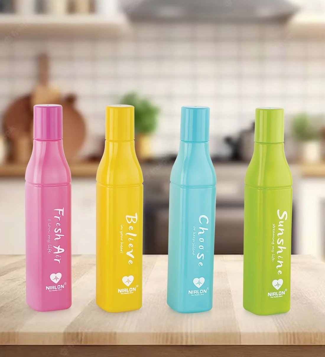 Della Square 850 ml Multicolor Plastic (Set of 4) Fridge Water Bottle,Share By Nirlon