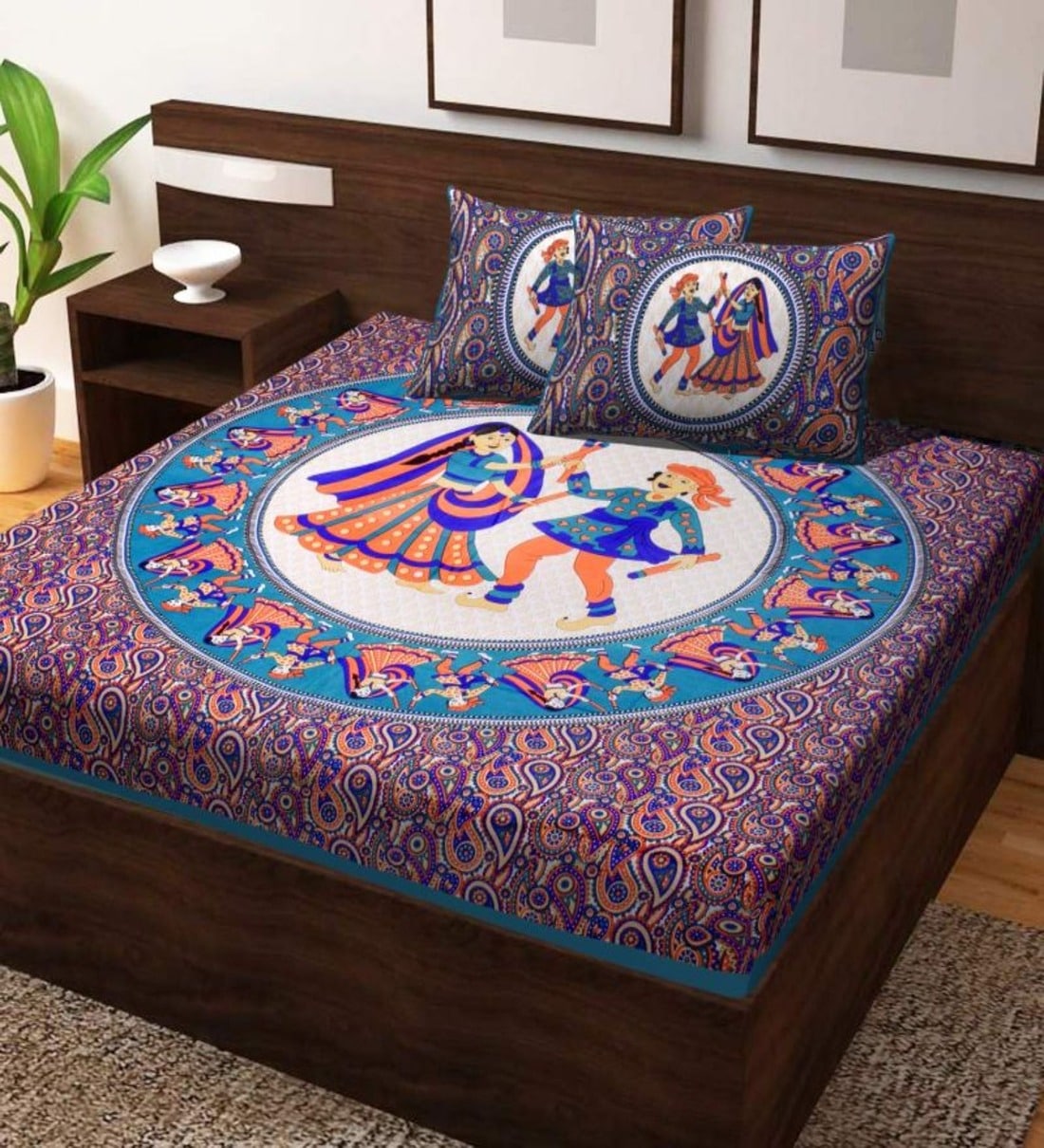 Multicolor Navratri Theme 120 TC 100% Cotton Queen Bedsheet With 2 Pillow Covers,Share By UniqChoice