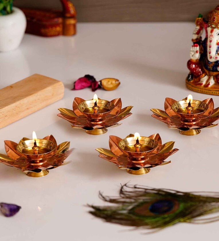 Golden Floral Shape Metal Diya Set Of 4,Share By eCraftIndia