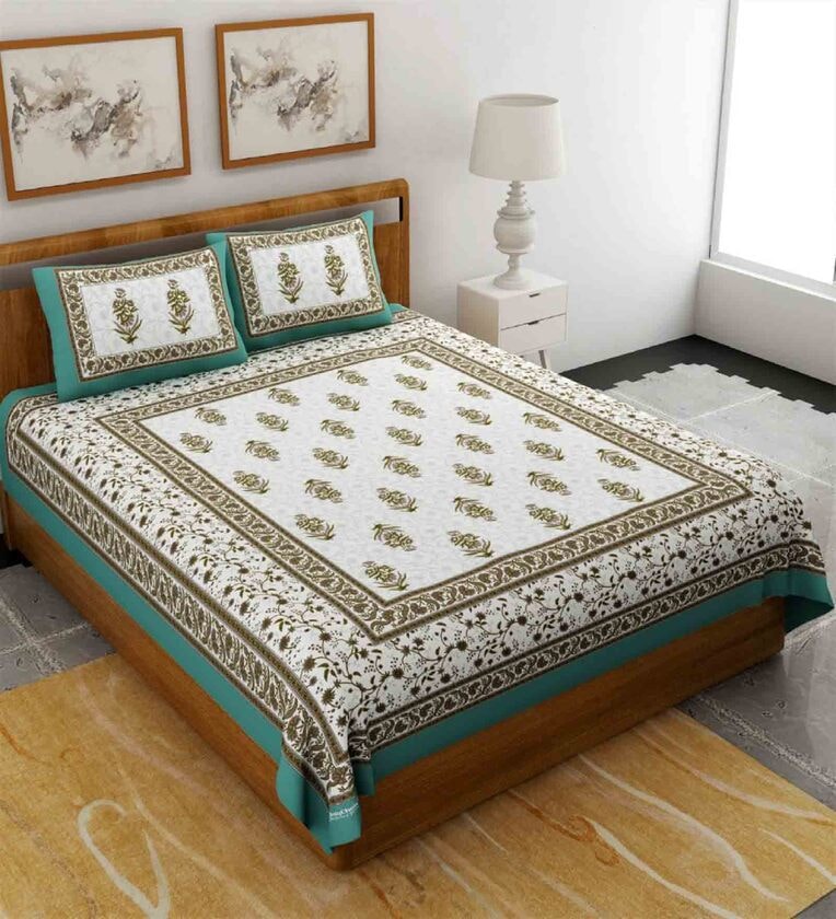 Turquoise Traditional 120 TC 100% Cotton Queen Bedsheet With 2 Pillow Covers,Share By UniqChoice