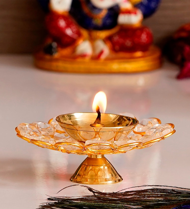 White & Gold Crystal Diya,Share By eCraftIndia