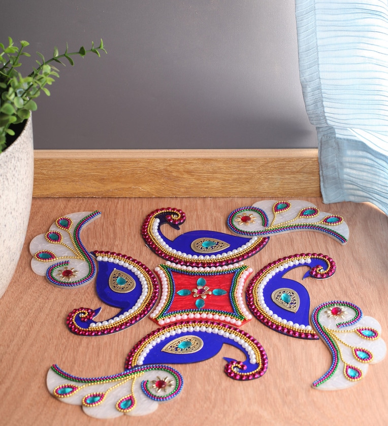 Peacock Blue And Red Acrylic Marble Finish Rangoli,Share By Itiha