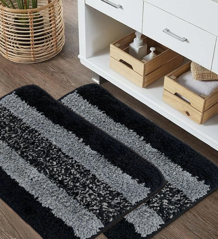 Black Striped Microfibre 14x20 Inches AntiSkid Door Mats (Pack of 2),Share By Sunvibe