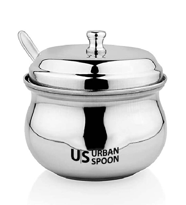 300ml Silver Stainless Steel Ghee Pot With Spoon,Share By URBANSPOON