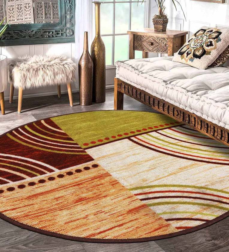 Cream Abstract Polyester 2.5 ft x 2.5 ft Hand Tufted Round Carpet,Share By Status