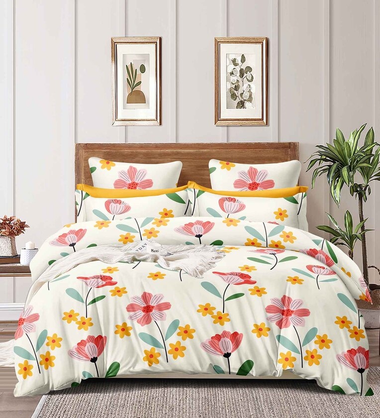 Cream Floral 160 TC Microfibre Queen Sized Bedsheet with 2 Pillow Covers,Share By Alliance