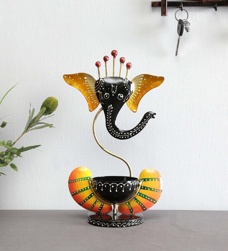 Black & Orange Iron Ganesha Diya Stand,Share By Craft Tree