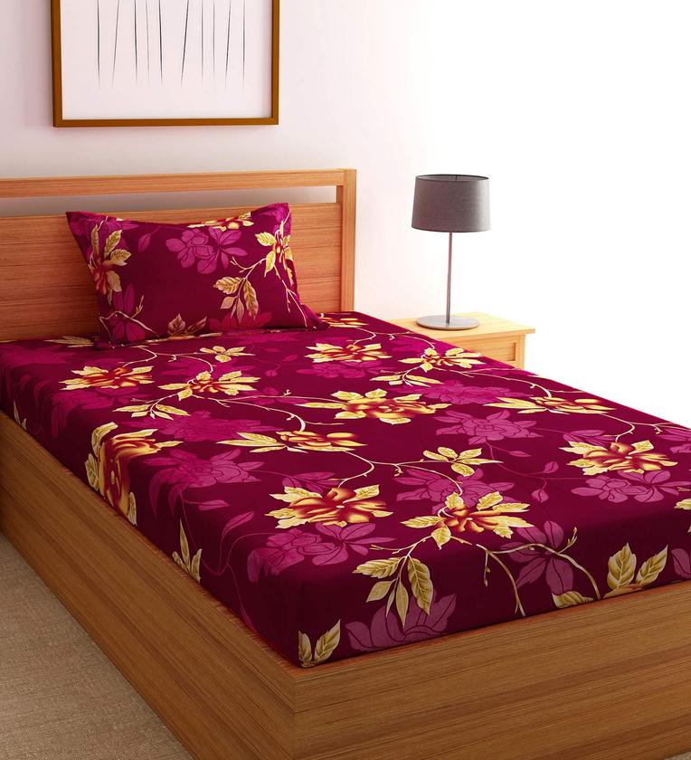 Purple  Floral 200 TC Poly Cotton 1 Single Bedhseet with 1 Pillow Cover,Share By FLORIDA