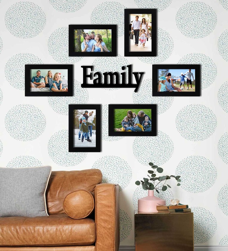 Black Synthetic Wood Set Of 6 Photo Frames With Mdf Family Plaque,Share By Random