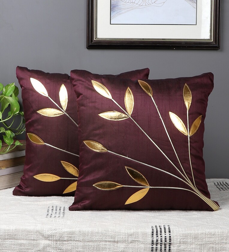 Purple Silk Floral 16x16 inches Cushion Covers (Pack of 2),Share By MFD Home Furnishing