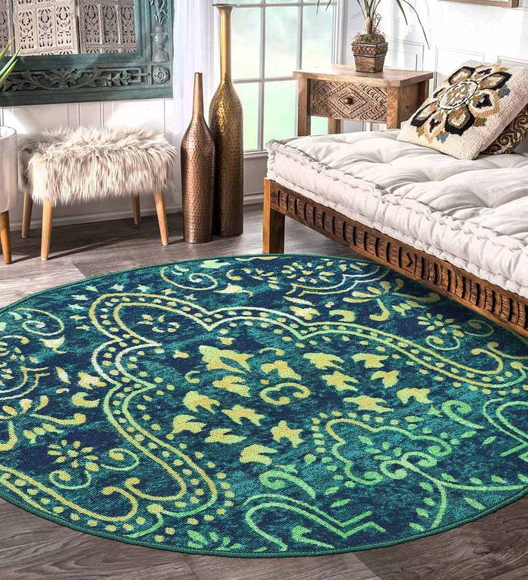 Green Nylon Traditional 2.5 x 2.5 Feet Machine Made Round Carpet,Share By Status