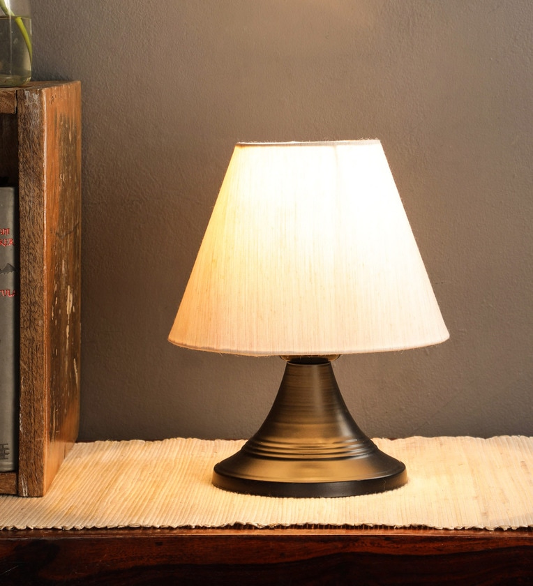 Dark White Fabric Shade Night Lamp With Metal Base,Share By Foziq