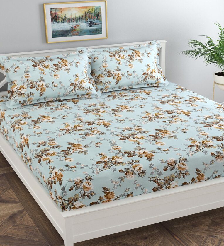 Blue Floral 130 TC Poly Cotton King Sized Bed Sheets with 2 Pillow Covers,Share By FLORIDA