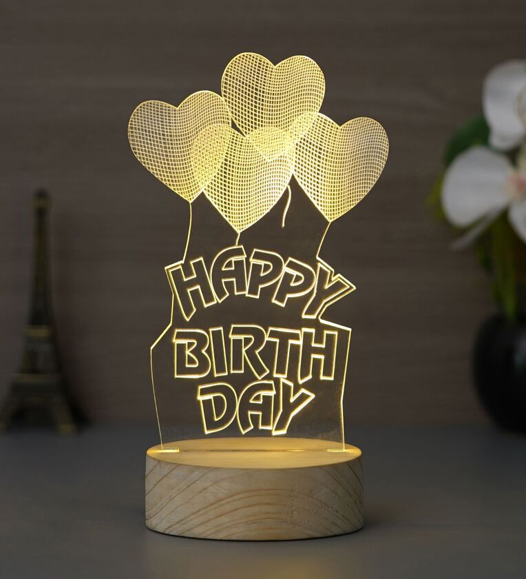 Happy Birthday Heart Design Acrylic & Wood Base LED Table Lamp (With Rechargeble Battery),Share By eCraftIndia