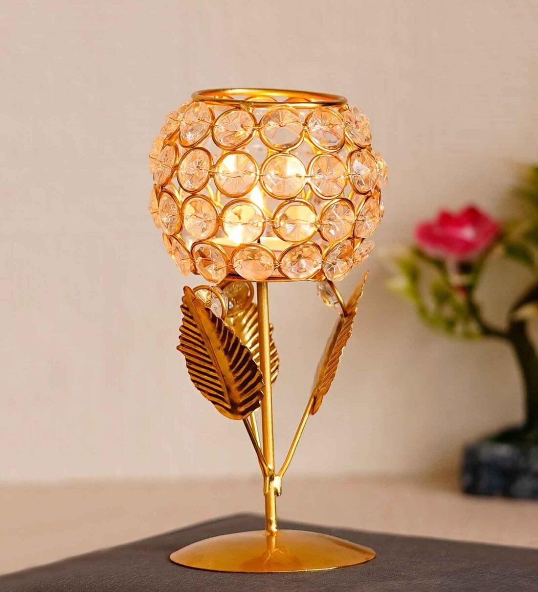 Leaf Shape White Crystal Tea Light Holder,Share By eCraftIndia