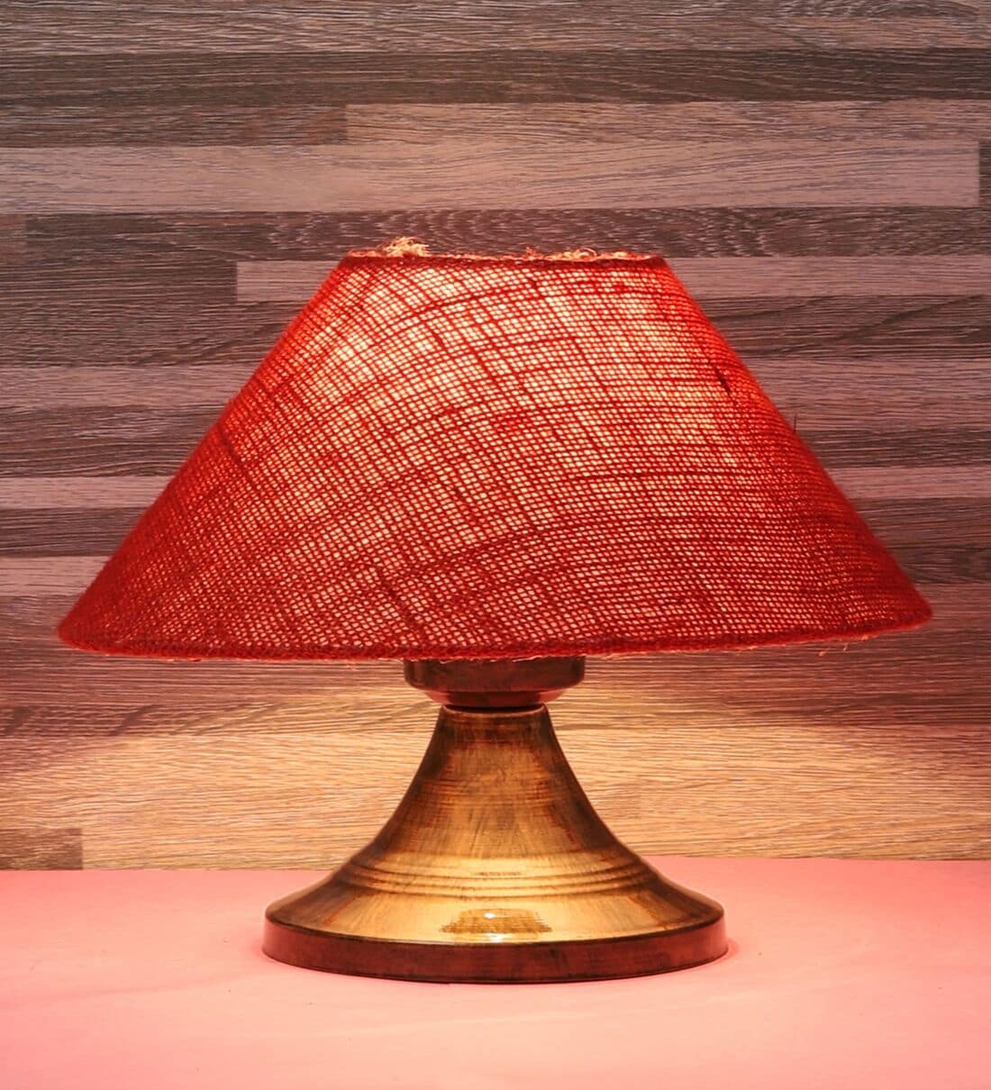 Copper Metal & Natural Fiber Red Colour Table Lamp,Share By Foziq