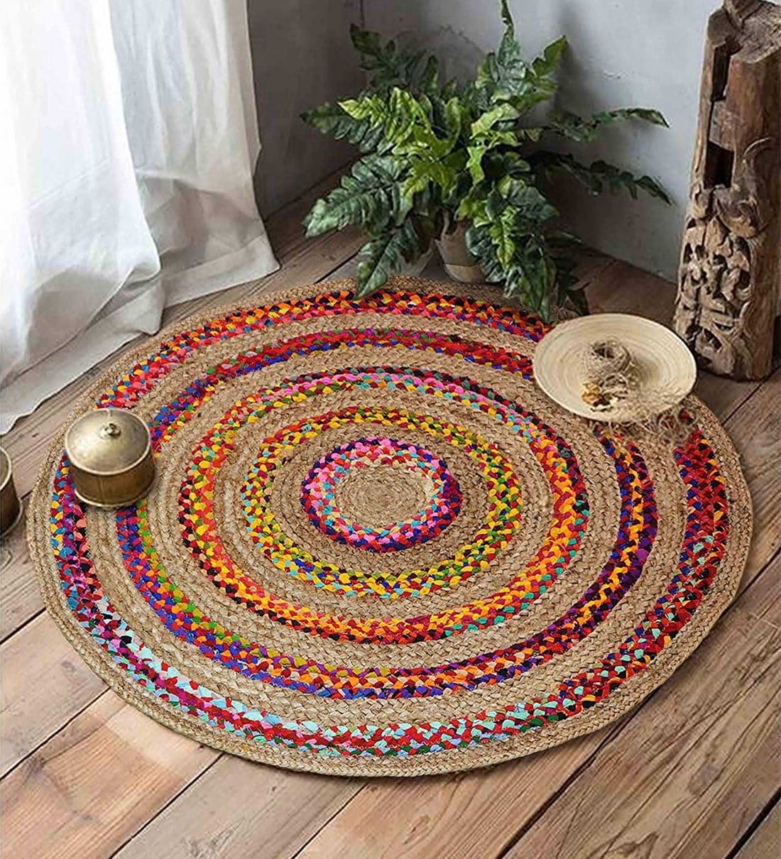 Multicolor Abstract Cotton 3 ft x 3 ft Hand Woven Round Carpet,Share By The Home Talk