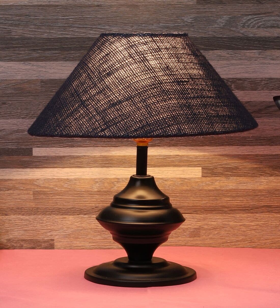 Black Metal & Natural Fiber Blue Colour Table Lamp,Share By Foziq