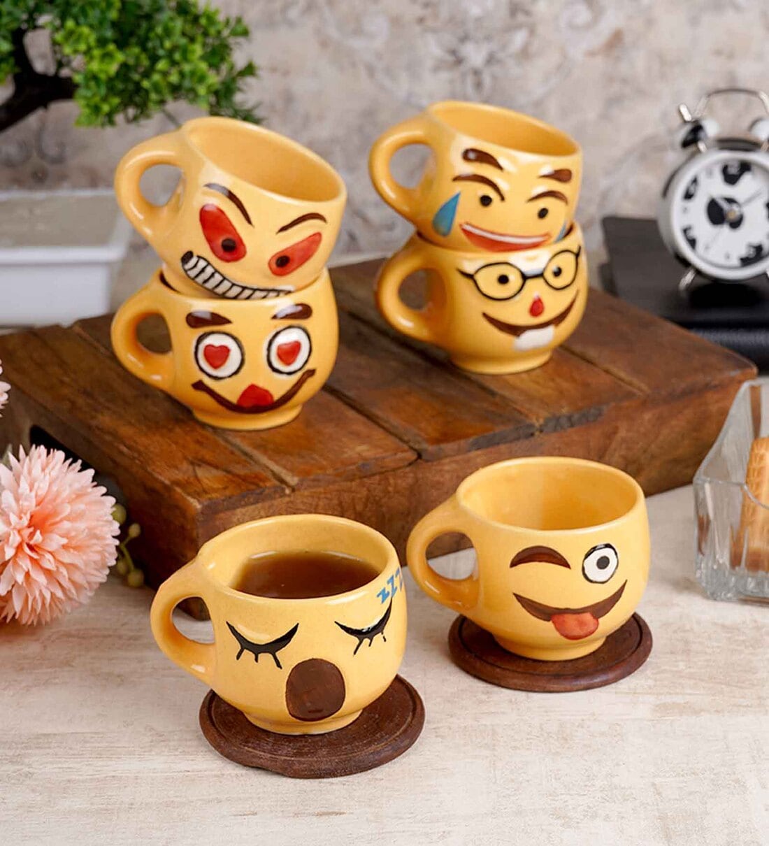 Yellow 100 Ml Ceramic Emoji 6 Pcs Tea Cup,Share By Cdi