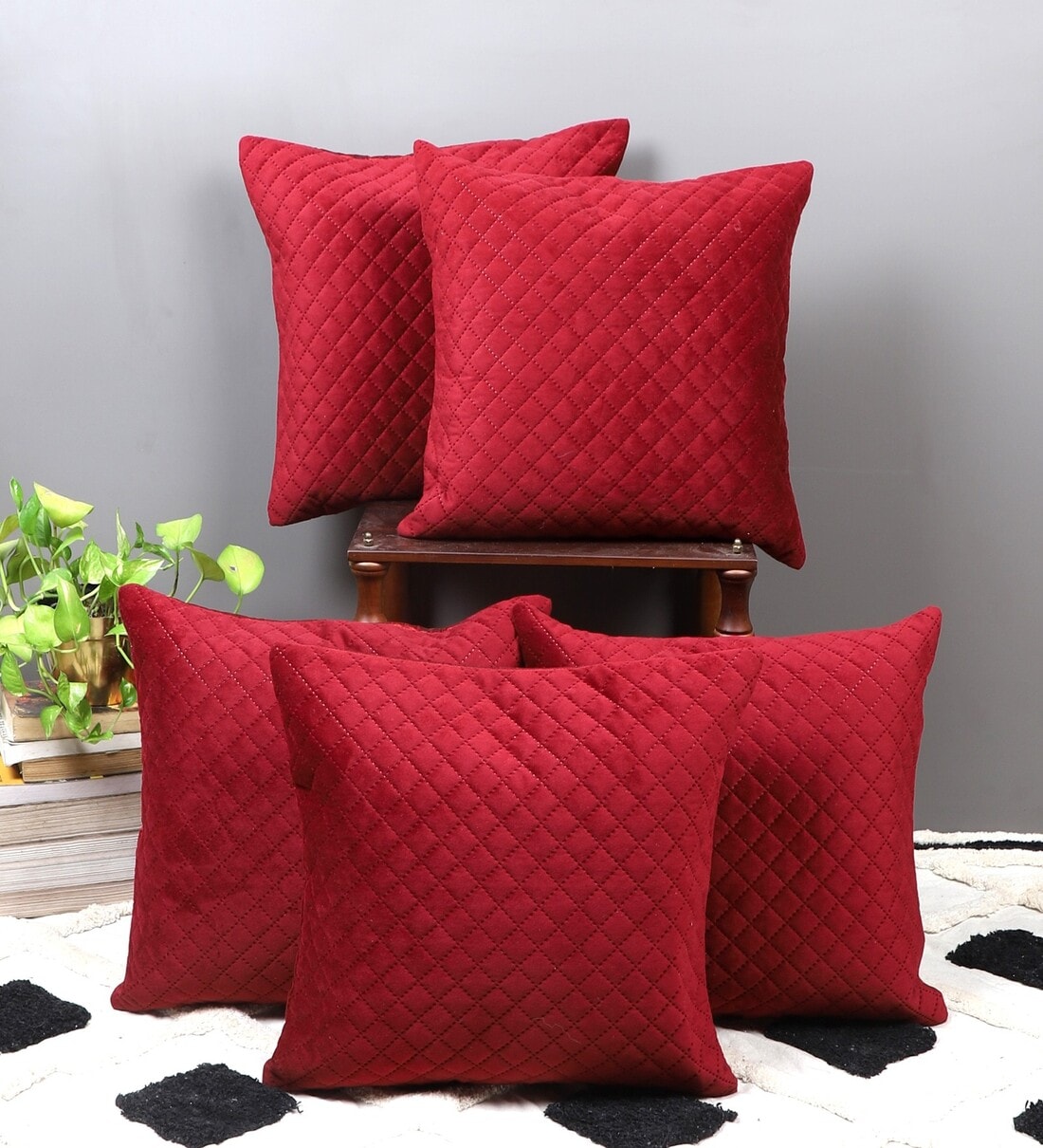 Maroon Velvet Textured 16x16 inches Cushion Covers (Pack of 5),Share By MFD Home Furnishing