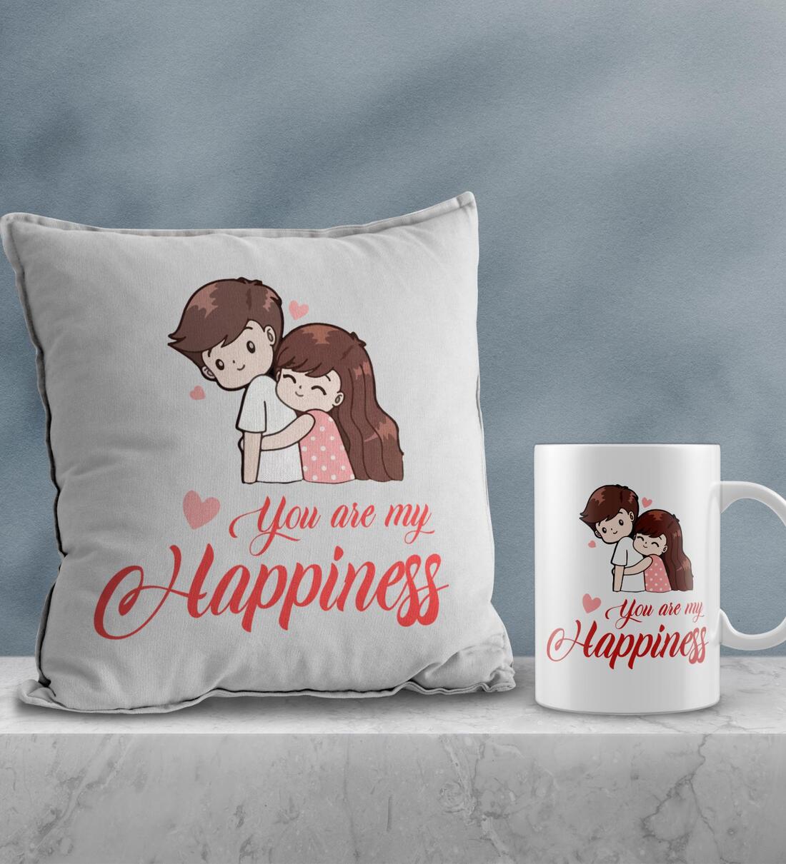 Valentine Combo of Colorful You Are My Happiness Abstract Print Cushion & Mug Gift Set,Share By eCraftIndia