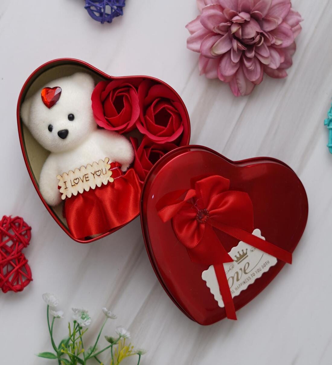 Heart Shaped Gift Box Set With White Teddy And Red Flowers,Share By eCraftIndia