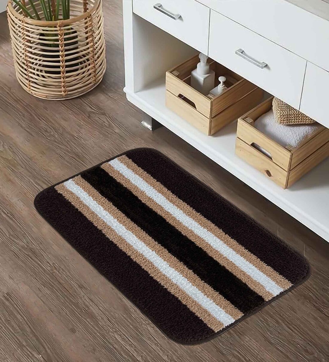 Brown Striped Microfiber 14x20 Inches AntiSkid Bath Mat,Share By Sunvibe