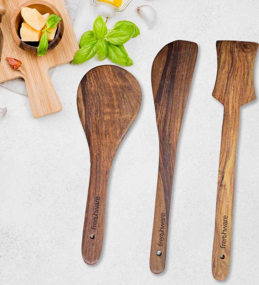 Natural Brown Sheesham Wood (Set of 3) Spoons and Spatula for Non Stick Cookware,Share By Frenchware