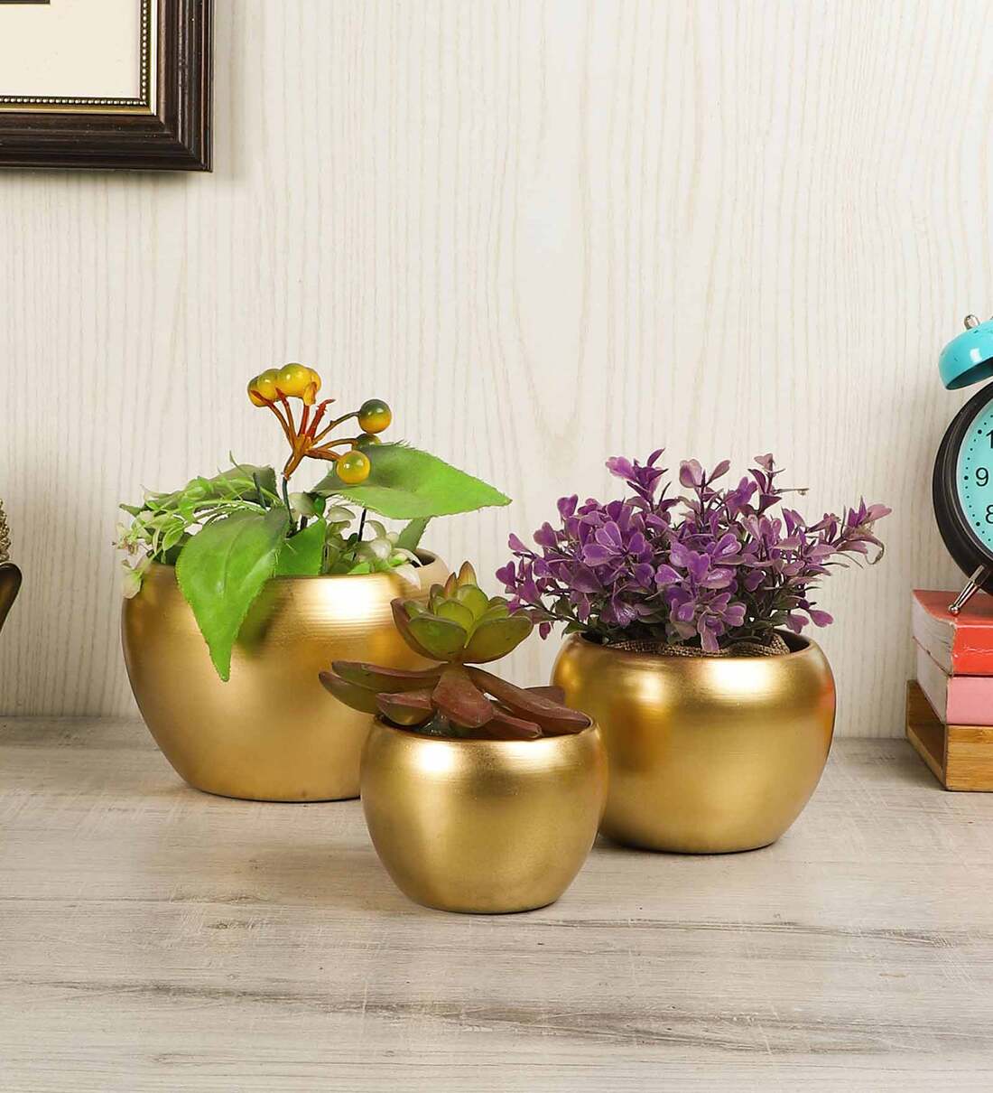 Gold Iron Apple Shape Desk Pot Desk Pot, Set Of 3,Share By Amaya Decors