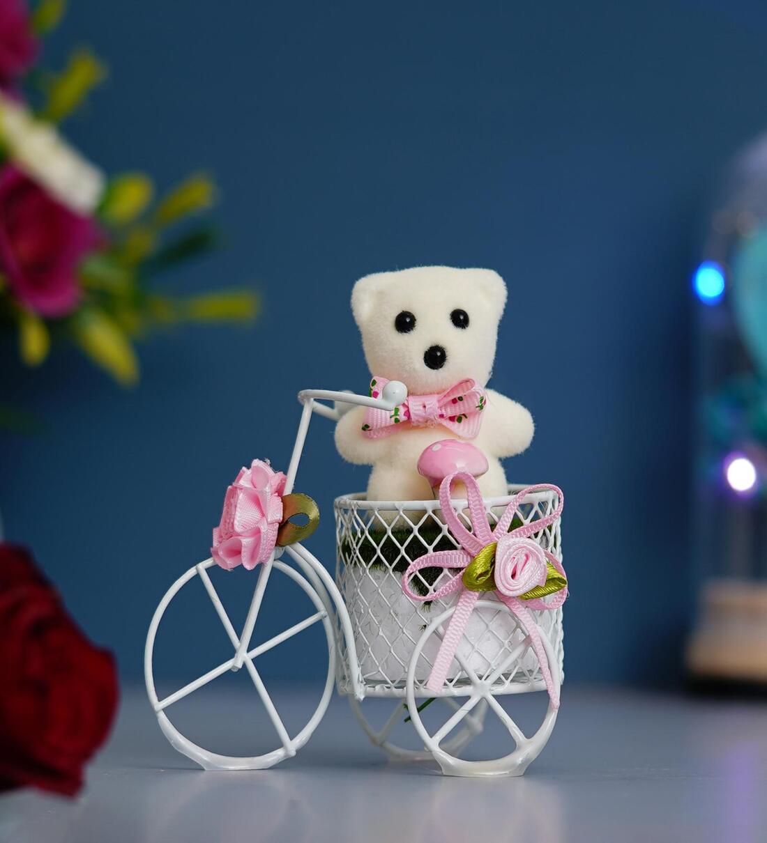 White Cycle With Teddy Bear And Rose Petals Showpiece,Share By eCraftIndia