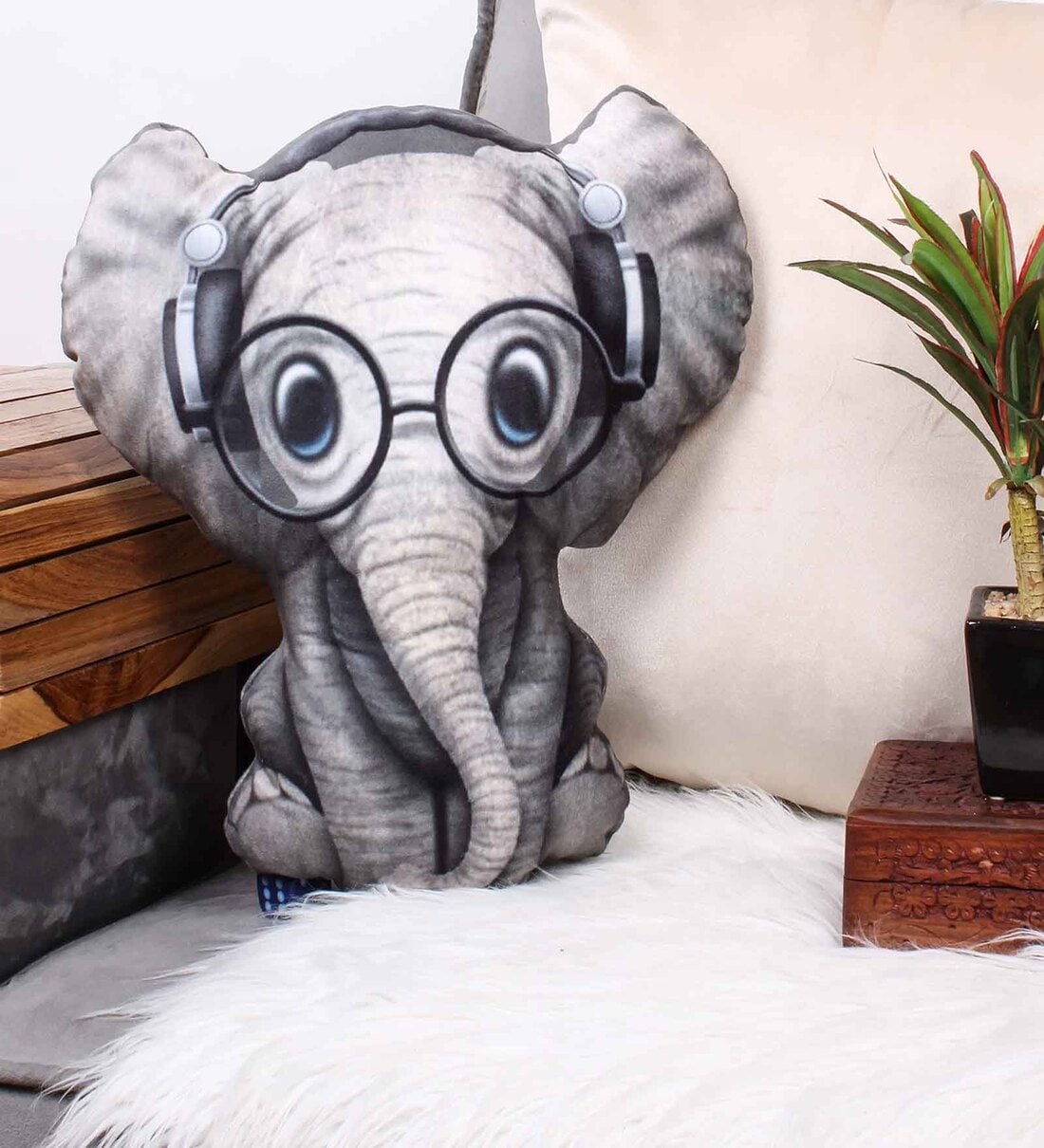 Grey Velvet Elephant 16x13.2 inches Shaped Cushion,Share By Stitchnest