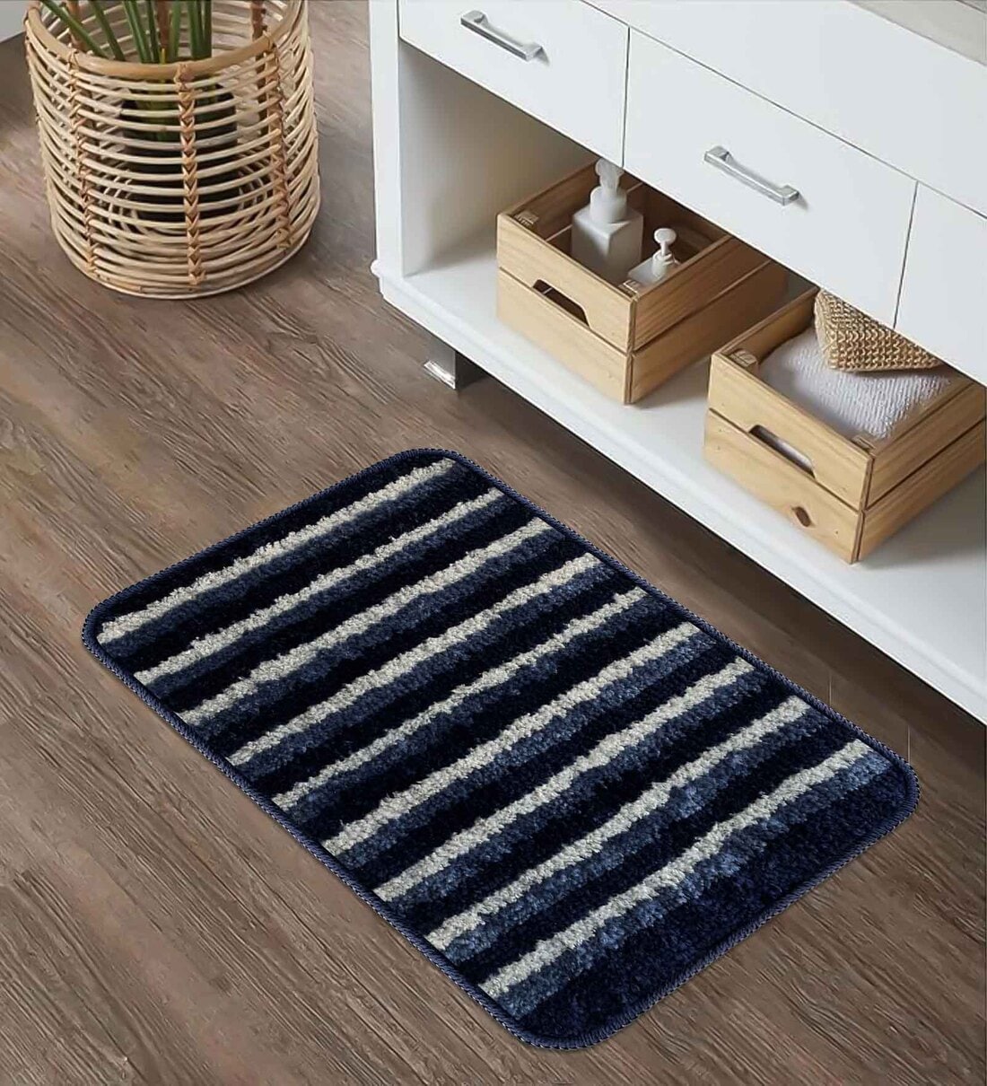 Blue Striped Microfiber 14x20 Inches AntiSkid Bath Mat,Share By Sunvibe