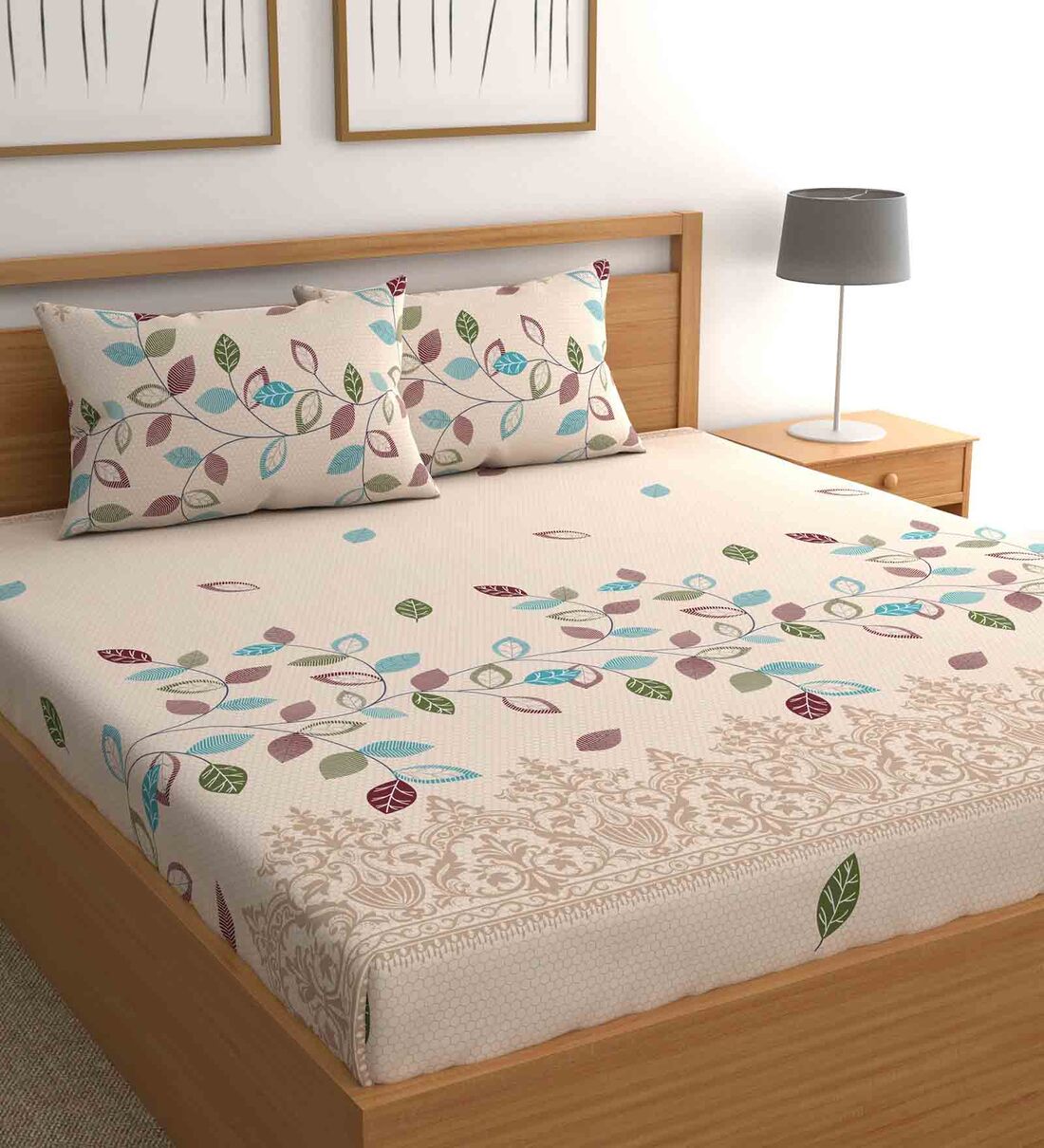 Beige Floral Leafy Bohemya 160 TC Microfiber Queen Sized Bedsheet with 2 Pillow Covers,Share By CG HOMES